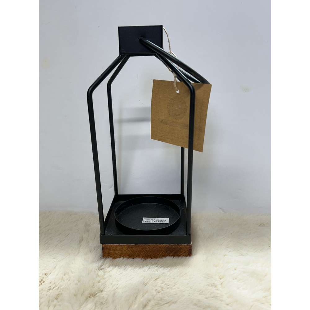 Sign of the Times Black Metal Lantern Wood Base Flameless Candle Holder 303572